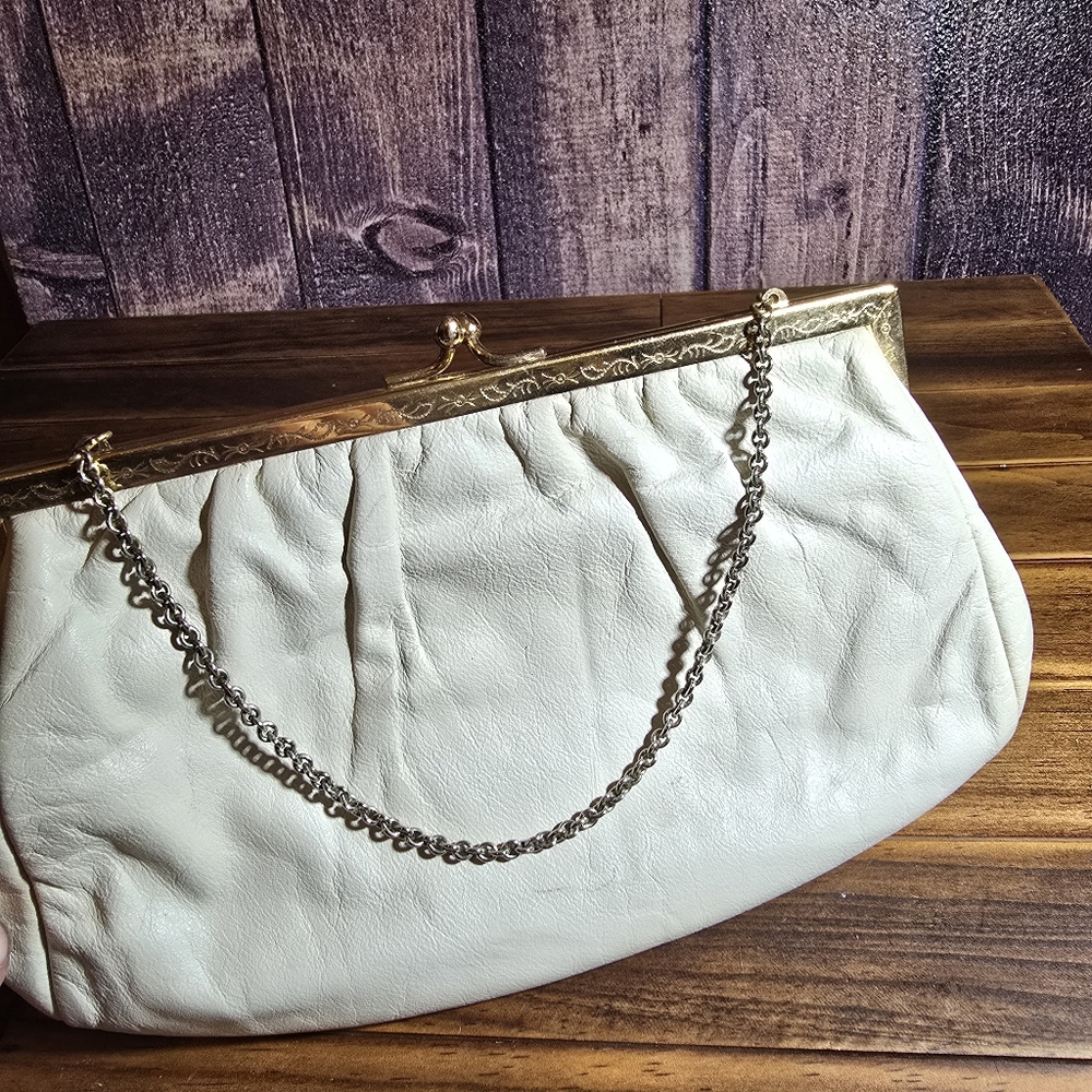 Vintage Etna White Evening Clutch Purse Gold Etched Frame Chain 1950s Glam Bag